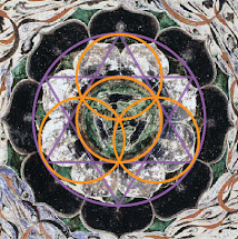 Three Hares & Lotus Rings, Mogao Cave Ceiling, Cave 407. Four-circle, three vesicae piscium overlay by Lori Tompkins, 4 December 2023.