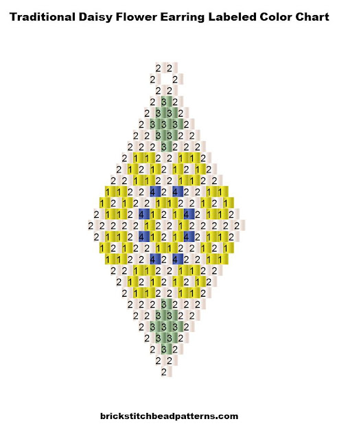 Free Traditional Daisy Flower Earring Seed Bead Pattern Labeled Color Chart