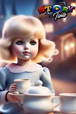 "Selene the cursed doll cleaning teapots and cups"