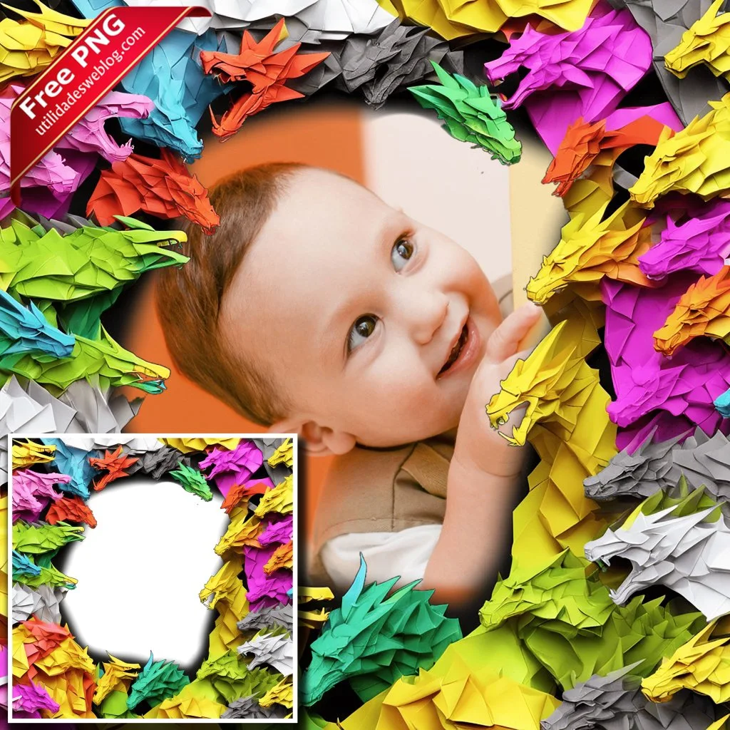 marco para fotos con dragones de origami o papel doblado en png con fondo transparente para descargar gratis