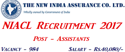 NIACL Recruitment 2017 Apply for 984 assistant posts: New Gov Jobs 2017