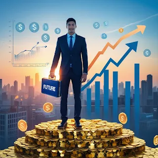 "Person climbing coin stairs toward financial success at sunrise."
