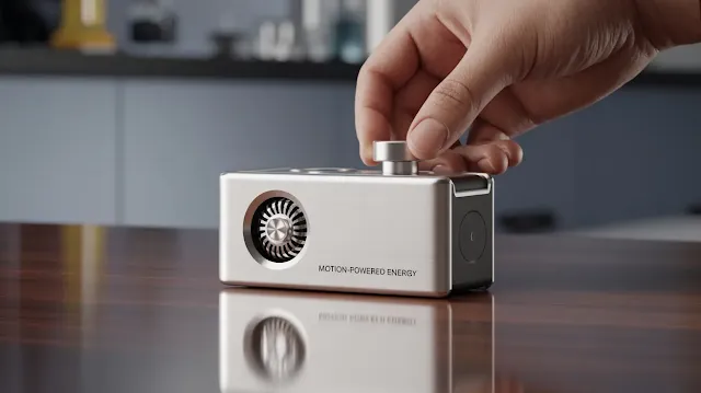 A photograph of a sleek, miniature electromagnetic generator resting on a polished wooden table. The generator, about the size of a smartphone, features a brushed aluminum casing and a tiny, intricately detailed impeller visible through a small window. A hand gently rotates the impeller, demonstrating the device’s motion-powered functionality, while the words "Motion-Powered Energy" are subtly engraved on its side. Soft, diffused lighting highlights the generator's metallic surfaces and creates a clean, modern aesthetic against the backdrop of a blurred laboratory setting.