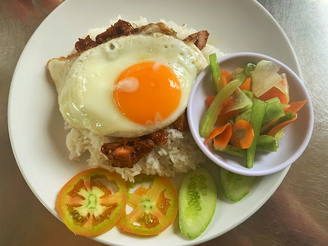 pork and rice breakfast in Cambodia