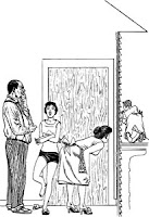 Illustration accompanying the short story titled Whats He Doing in There by Fritz Leiber. It shows anxious human family trying to find of if their Martian visitor is safe inside the bathroom.