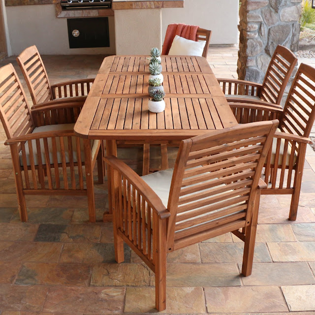 WE Furniture 7-Piece Acacia Wood Dining Set with Cushions