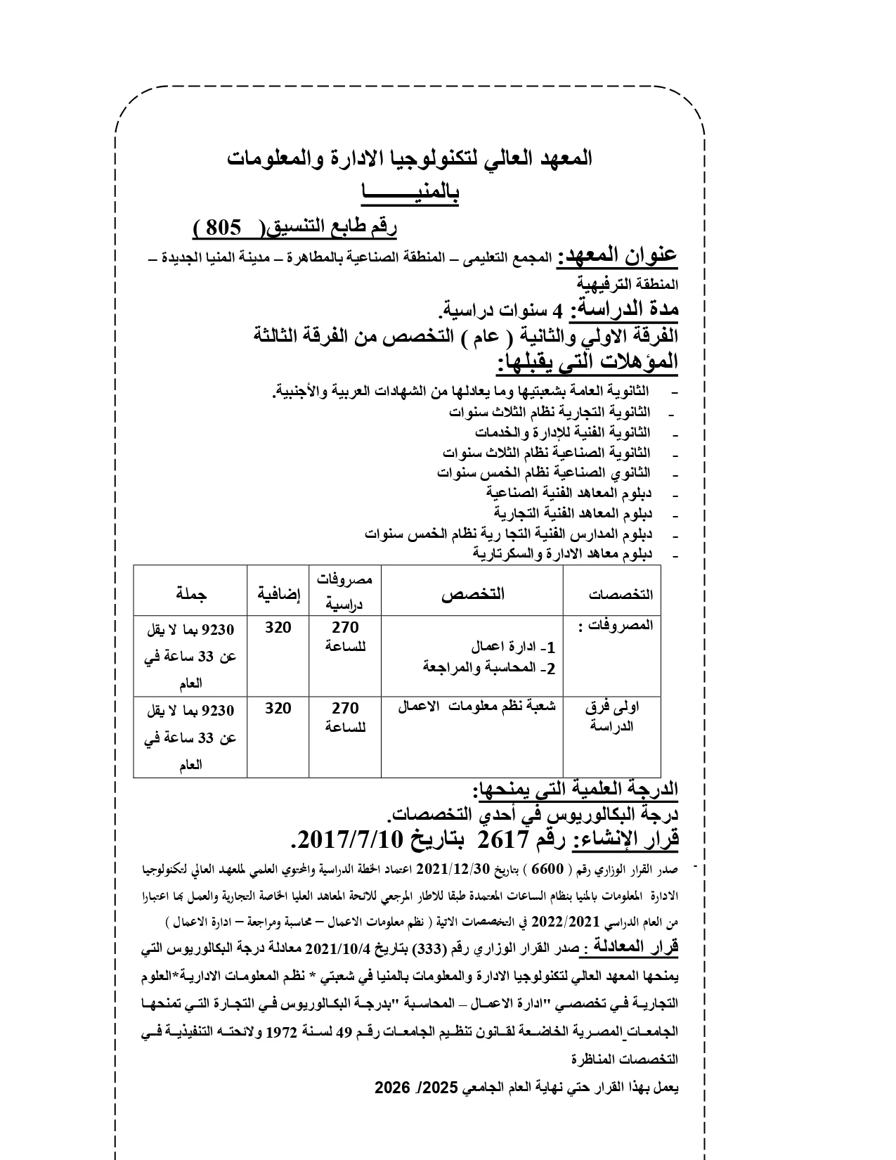 المعهد العالى لتكنولوجيا الإدارة والمعلومات بالمنيا «مضروفات ومعلومات»