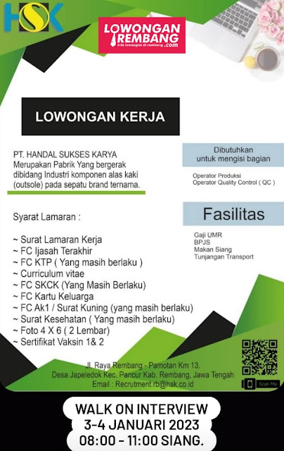 2 Lowongan Kerja Pegawai Operator Produksi dan Quality Control PT Handal Sukses Karya Pabrik Sol Sepatu Jape Pancur Rembang