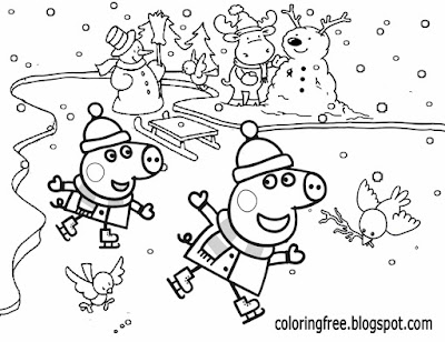 Cartoon ice skating winter coloring book pages for children easy clipart Peppa pig drawing pictures