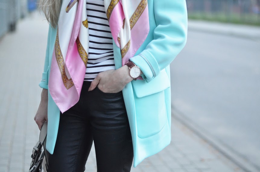 MINT NEOPRENE COAT, PINK SCARF & STRIPED BLOUSE / FRONT ROW SHOP