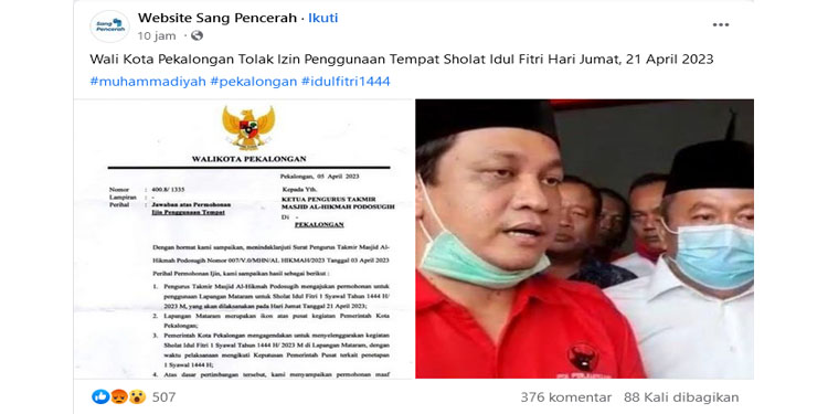 Shalat Id Sempat Ditolak di Pekalongan, PP Muhammadiyah: Ini Indikasi Rezimisasi Agama
