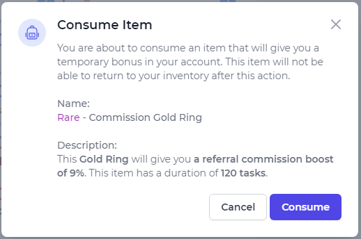 Name:  Rare - Commission Gold Ring // Description:  This Gold Ring will give you a referral commission boost of 9%. This item has a duration of 120 tasks.