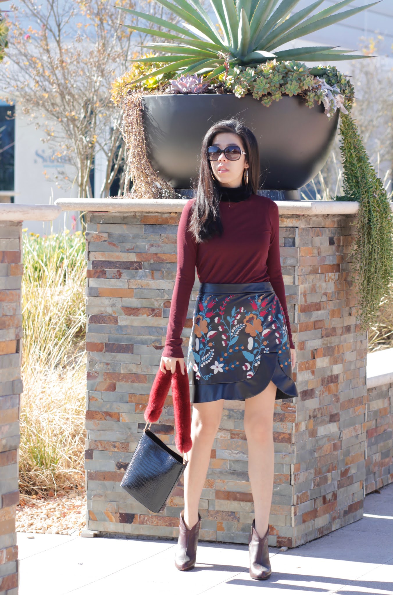 Adrienne Nguyen_Faux Fur Turtleneck with Floral Mini Skirt and Deep V Booties