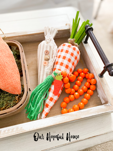 ticking fabric stuffed carrots orange wood bead garland