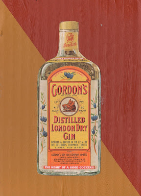 gordon's gin vintage bottle ad flag Dada Mail art collage gold and maroon 