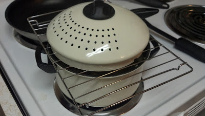 steaming asparagus while boiling potatoes