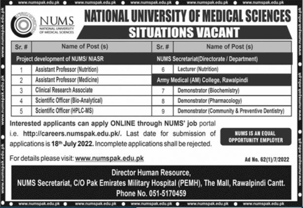 Latest National University of Medical Sciences NUMS Education Posts Rawalpindi 2022
