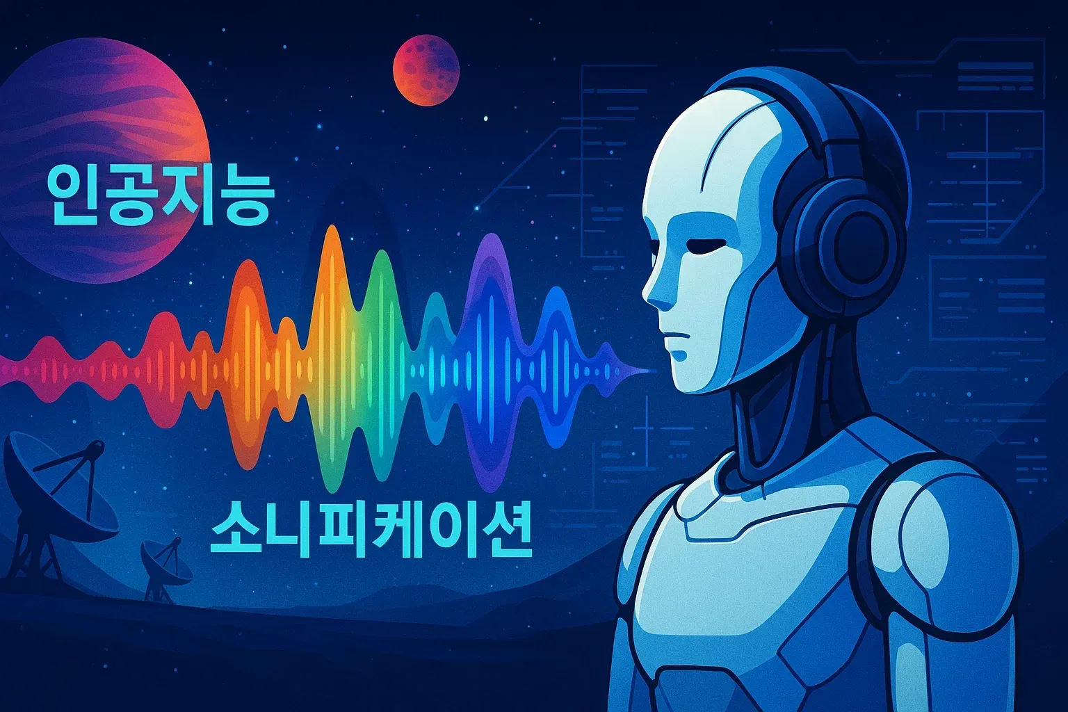 인공지능이 우주의 소리를 분석하는 미래적 장면