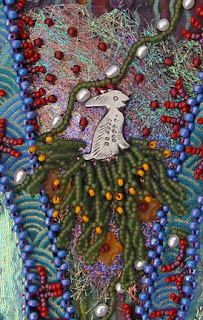 bead embroidery by Robin Atkins, July bead journal project, detail showing angelina and rabbit charm