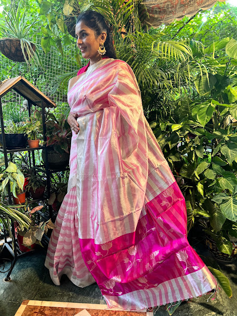 Pink and silver silk Chanderi with lotus pallu