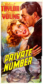 PRIVATE NUMBER. Cartel Three Sheet: 104 x 206 cms. Estados Unidos. Imprenta: Tooker Litho. Co., Nueva York. ESPOSA ANÓNIMA. Private Number. 1936. Estados Unidos. Dirección: Roy Del Ruth. Reparto: Robert Taylor, Loretta Young, Basil Rathbone, Patsy Kelly, Joe. E. Lewis, Marjorie Gateson, Paul Harvey, Jane Darwell, Paul Stanton, John Miljan, Monroe Owsley, Billy Bevan, Frank Dawson, George Irving, Dennis O'Keefe.