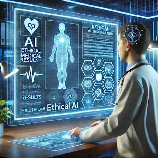 Doctor analyzing AI-driven medical diagnostics under WHO ethical AI guidelines