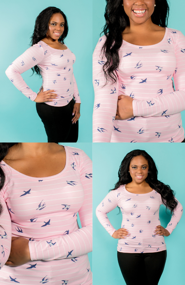 Four views of dark skinned model wearing pink long sleeve jersey top with bird print