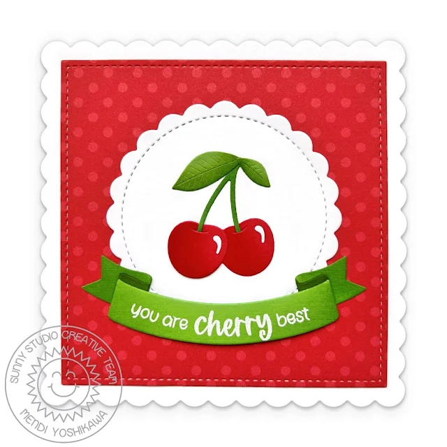 Sunny Studio You're the Cherry Best Cherries Card using Wild Cherry, Stitched Scalloped Square 1 Dies, Punny Fruit Greetings