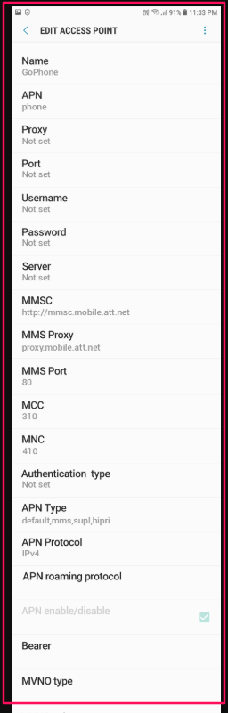 GoPhone APN Settings