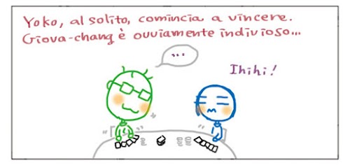 Yoko, al solito, comincia vincere. Giova-chang e` ovviamente invidioso… … Ihihi!