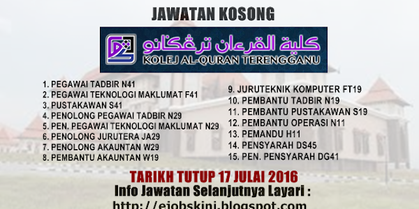 Jawatan Kosong Kolej Al-Quran Terengganu - 17 Julai 2016