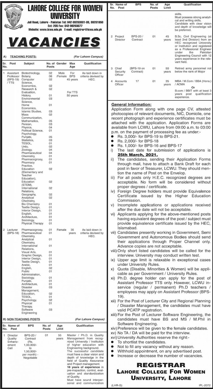 Lahore College for Women University Jobs 2021