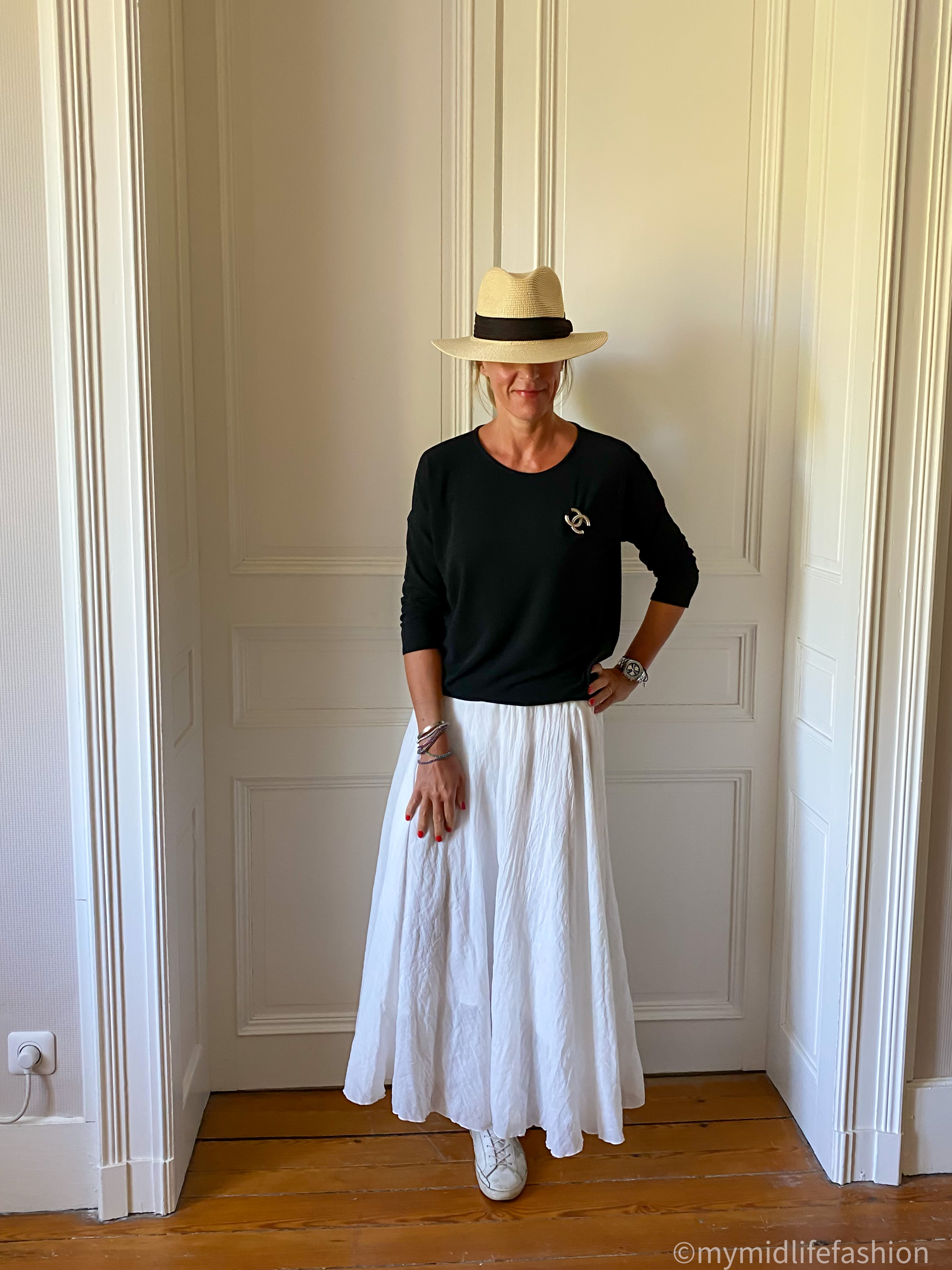 my midlife fashion, amazon Panama hat, amazon only jumper, amazon linen maxi skirt, Chanel vintage brooch, golden goose superstar low top leather trainers