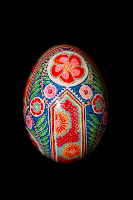 Goose Egg Pysanky Eggshell in red, pink, blue, yellow and green