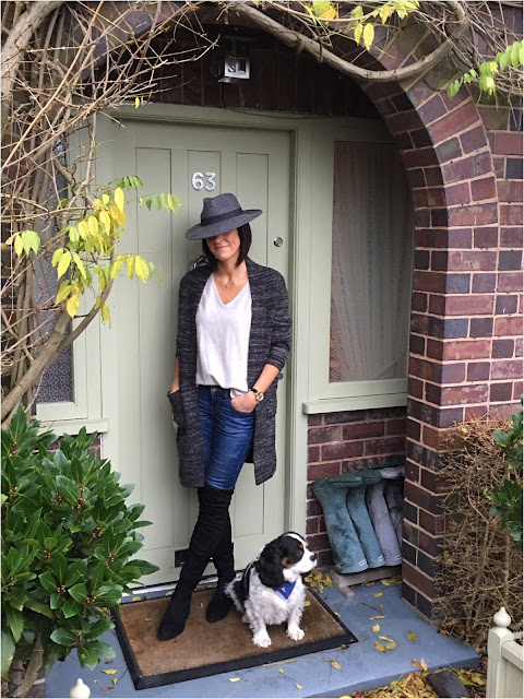 My Midlife Fashion, Zara Fedora Hat, Knitted coatigan, boden loose fit cashmere V neck jumper, schuh Dash over the knee boots, zara skinny jeans