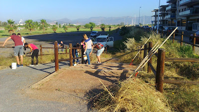 Trabajos de mantenimiento y restauración de los bancos y las traviesas de madera de la escalera de acceso a la zona recreativa del río Belcaire.