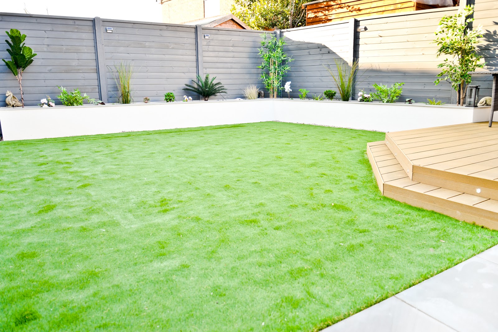 Modern back garden makeover, before and after garden makeover, composite decking, landscaped garden, modern gardens, artificial grass,