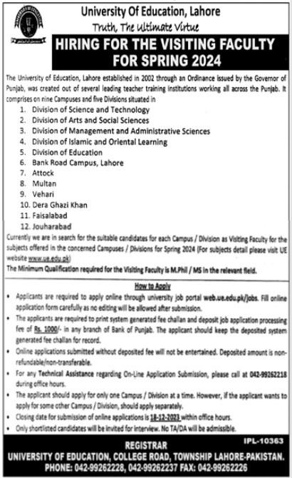 University of Education Jobs In Lahore 2023