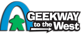 The Geekway to the West Logo: a green meeple under a blue arch that resembles the Gateway to the West arch in St Louis. Next to that, in white letters, is the title, with a white arrow pointing to the right under the 'to the' part of the title.