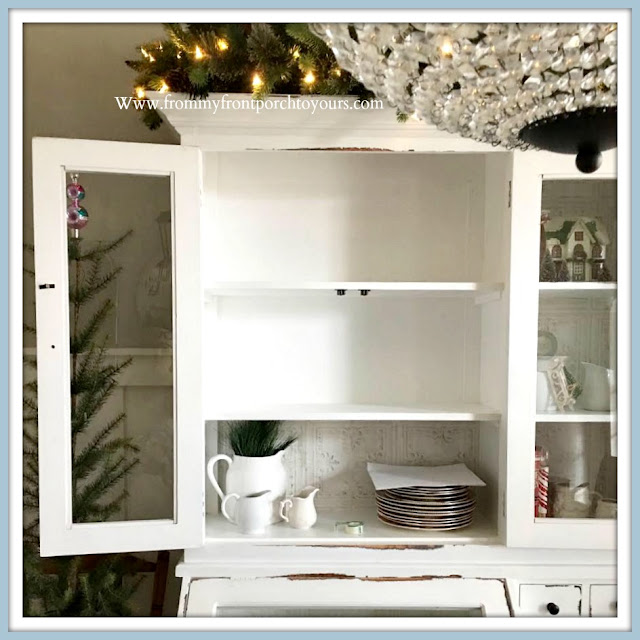 Cabinet- Shelving -Makeover-Tutorial-DIY-Peel & Stick-Wallpaper-White-Faux-Tin-Cottage-Style-Farmhouse-Style-From My Front Porch To Yours