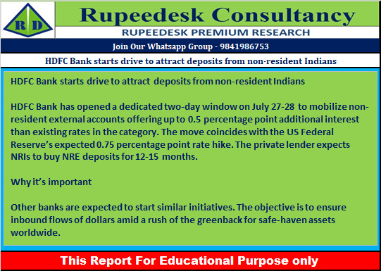 HDFC Bank starts drive to attract deposits from non-resident Indians - Rupeedesk Reports - 27.07.2022