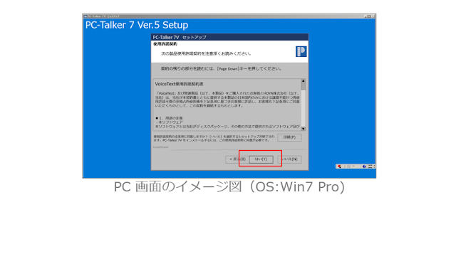 PC-Talker7Ⅴセットアップ使用許諾契約画面で、はいボタンが赤く囲まれたPC画面のイメージ図