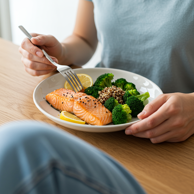 A person making a positive lifestyle change to manage GERD by eating a healthy meal of lean protein and vegetables.