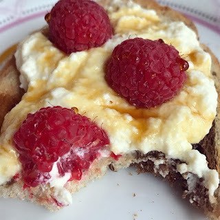 Coffee Syrup toast on marble rye with ricotta and raspberries