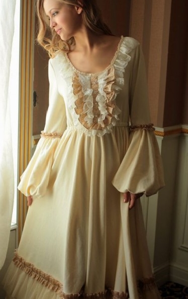 Vintage Ivory Trumpet Sleeves Medieval Chemise Dress