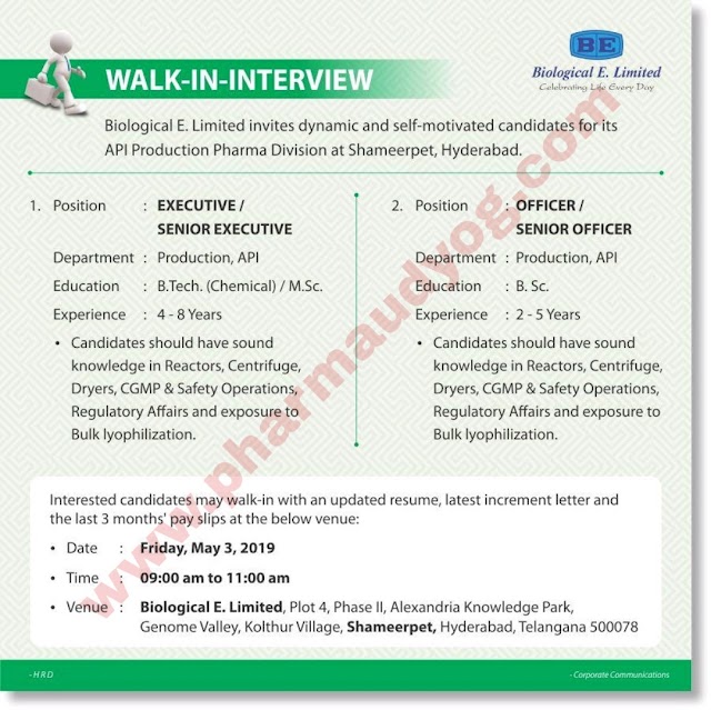 Biological E | Walk-in interview for Production | 3rd May 2019 | Hyderabad