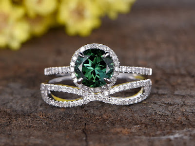  round cut natural green tourmaline engagement ring