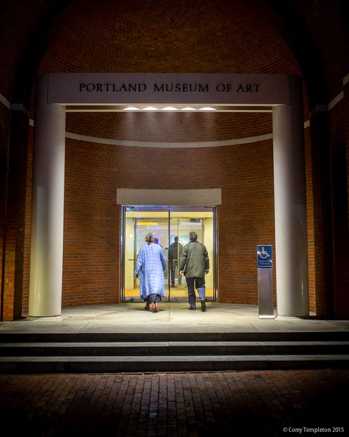 Portland, Maine USA December 2015 photo by Corey Templeton. Visitors heading into the Museum of Art at 7 Congress Square.