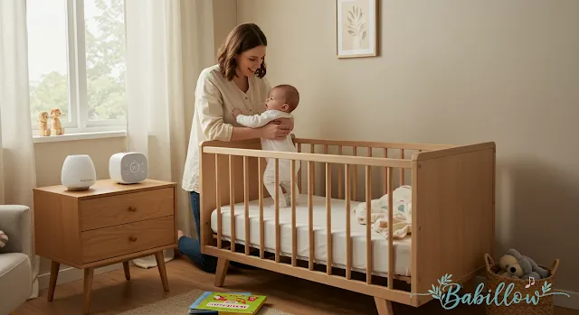 Happy, well-rested baby smiling in a sleep sack during the day, symbolizing success after sleep training