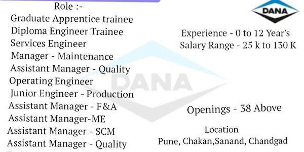 Dana Incorporated Ltd Is Hiring For Below Given Positions in Pune, Chakan, Sanand, and Chandgad